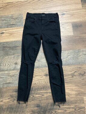 Mother Jeans Women's Size 26 Black Distressed Ripped Knee Raw Hem Skinny Denim